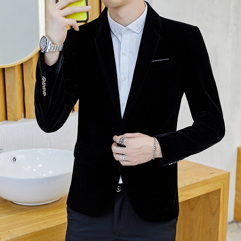New Velveteen Suit Men's Jacket Slim Long-sleeved Autumn Winter Leisure Best Fashion Blazer Men