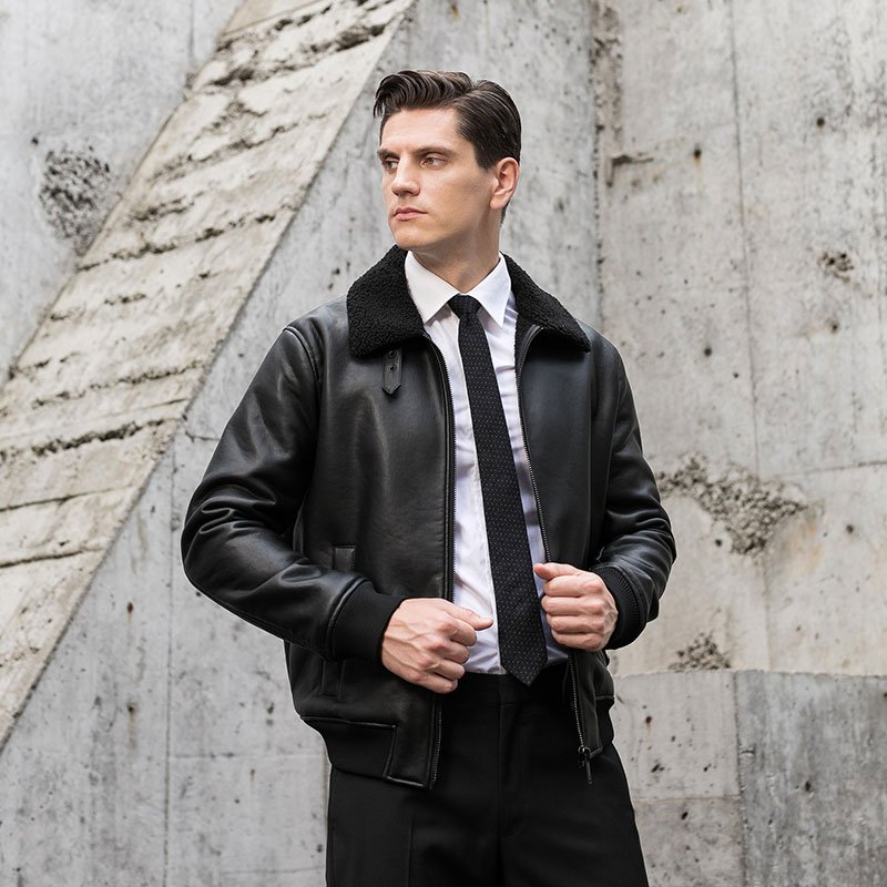 Wholesale latest design men's slim fit jacket black fake leather Teddy fur collar buckle loop warm male jacket