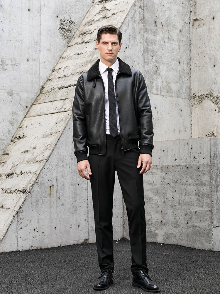 Wholesale latest design men's slim fit jacket black fake leather Teddy fur collar buckle loop warm male jacket