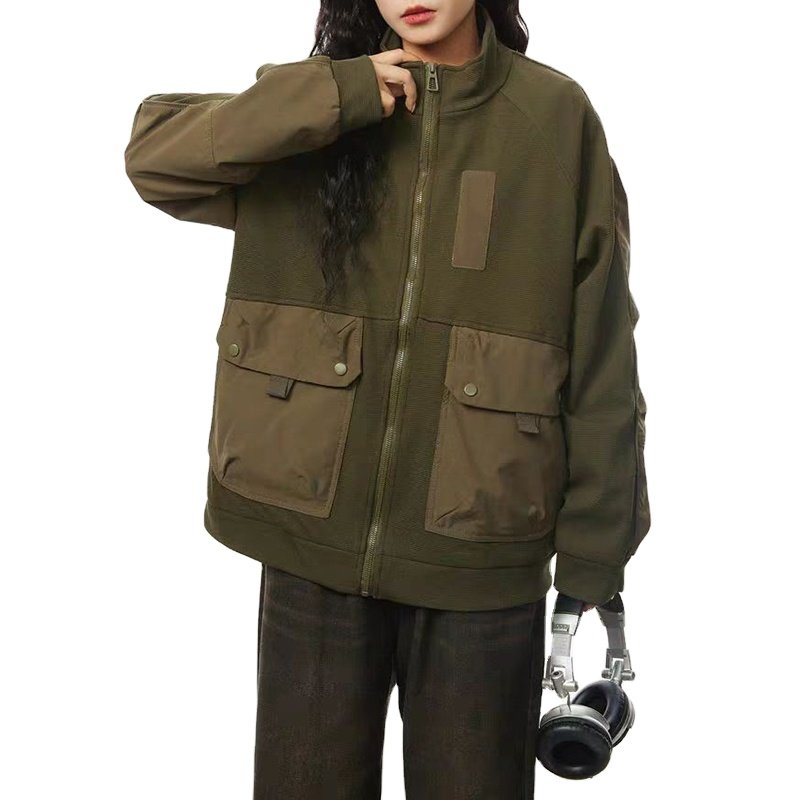 Custom Contrast Color Patchwork Large Pocket Stand Collar Work Jacket Men's Jacket Unisex Design Outdoor Jacket