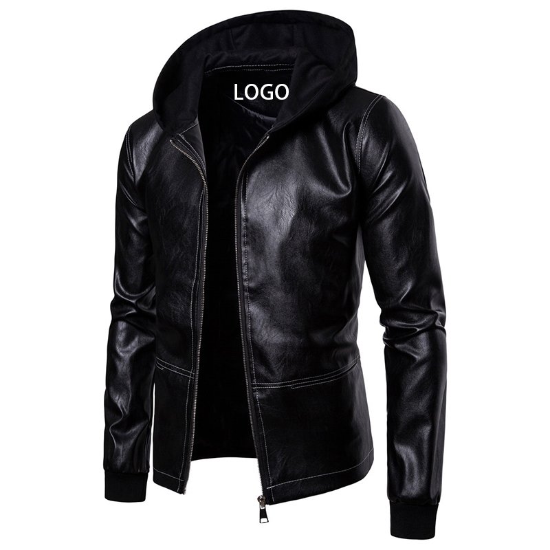 CARANFIER Men Jacket Hoodie Stand-Up Collar Solid Color Leather Men Bomber Jacket Mens Slim Leather Jackets Coat Free LOGO
