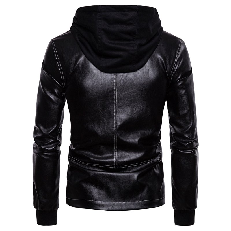 CARANFIER Men Jacket Hoodie Stand-Up Collar Solid Color Leather Men Bomber Jacket Mens Slim Leather Jackets Coat Free LOGO