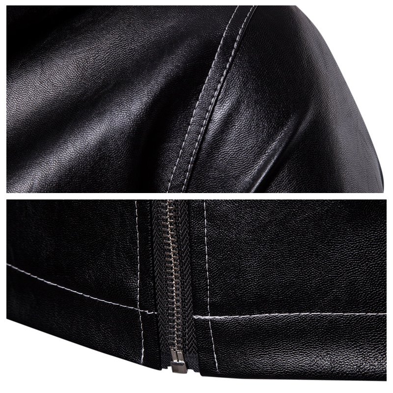 CARANFIER Men Jacket Hoodie Stand-Up Collar Solid Color Leather Men Bomber Jacket Mens Slim Leather Jackets Coat Free LOGO