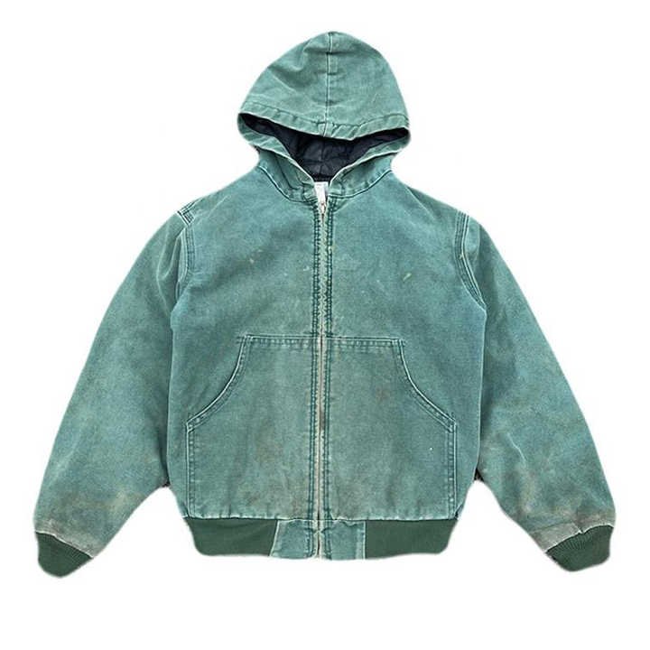 Custom 100% Cotton Duck Canvas Work Jacket With Lined Oversized Heavy Weight Faded Worker Hooded Jacket Zip Up Acid Wash Hoodie