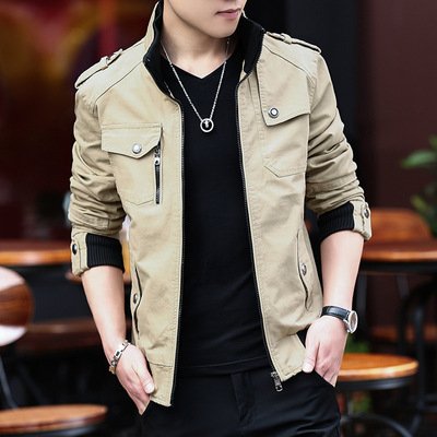 Pure Cotton Stand Collar Slim Jacket Coat Solid Color Fleece Men's Jackets
