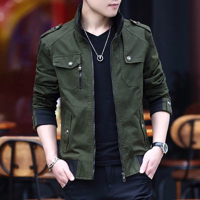 Pure Cotton Stand Collar Slim Jacket Coat Solid Color Fleece Men's Jackets