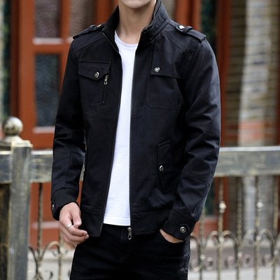 Pure Cotton Stand Collar Slim Jacket Coat Solid Color Fleece Men's Jackets