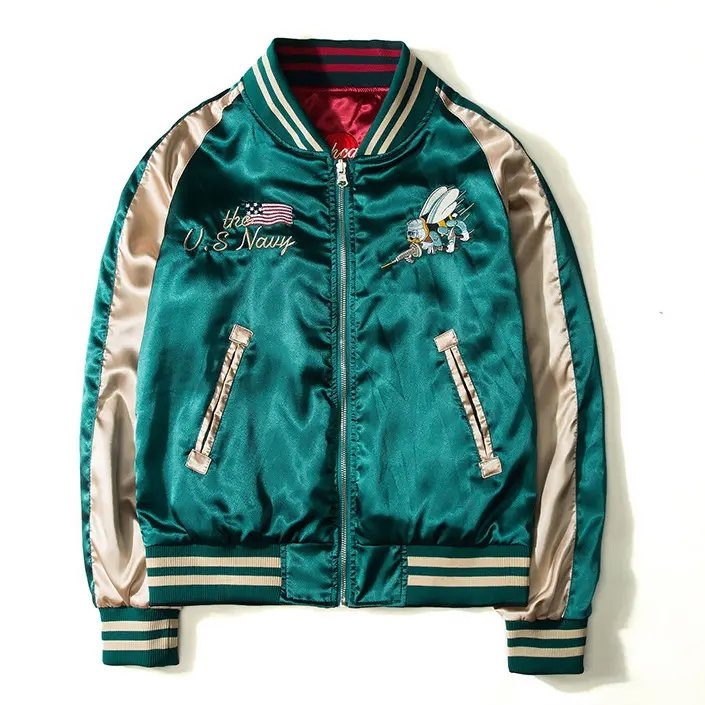 Custom College Zip Up Jacket Embroidered Satin Baseball Jacket Reversible Bomber Jacket For Men
