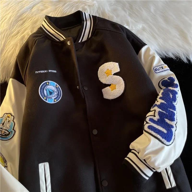 New winter cotton baseball suit brand letter embroidery PU leather spell sleeve couple's cotton jacket men's jackets
