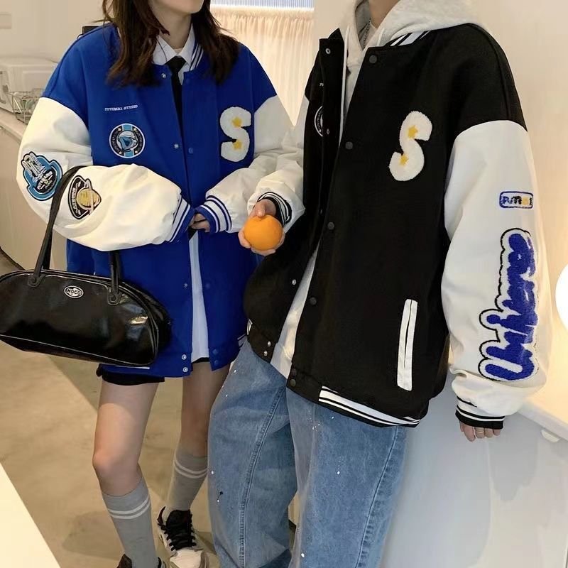 New winter cotton baseball suit brand letter embroidery PU leather spell sleeve couple's cotton jacket men's jackets