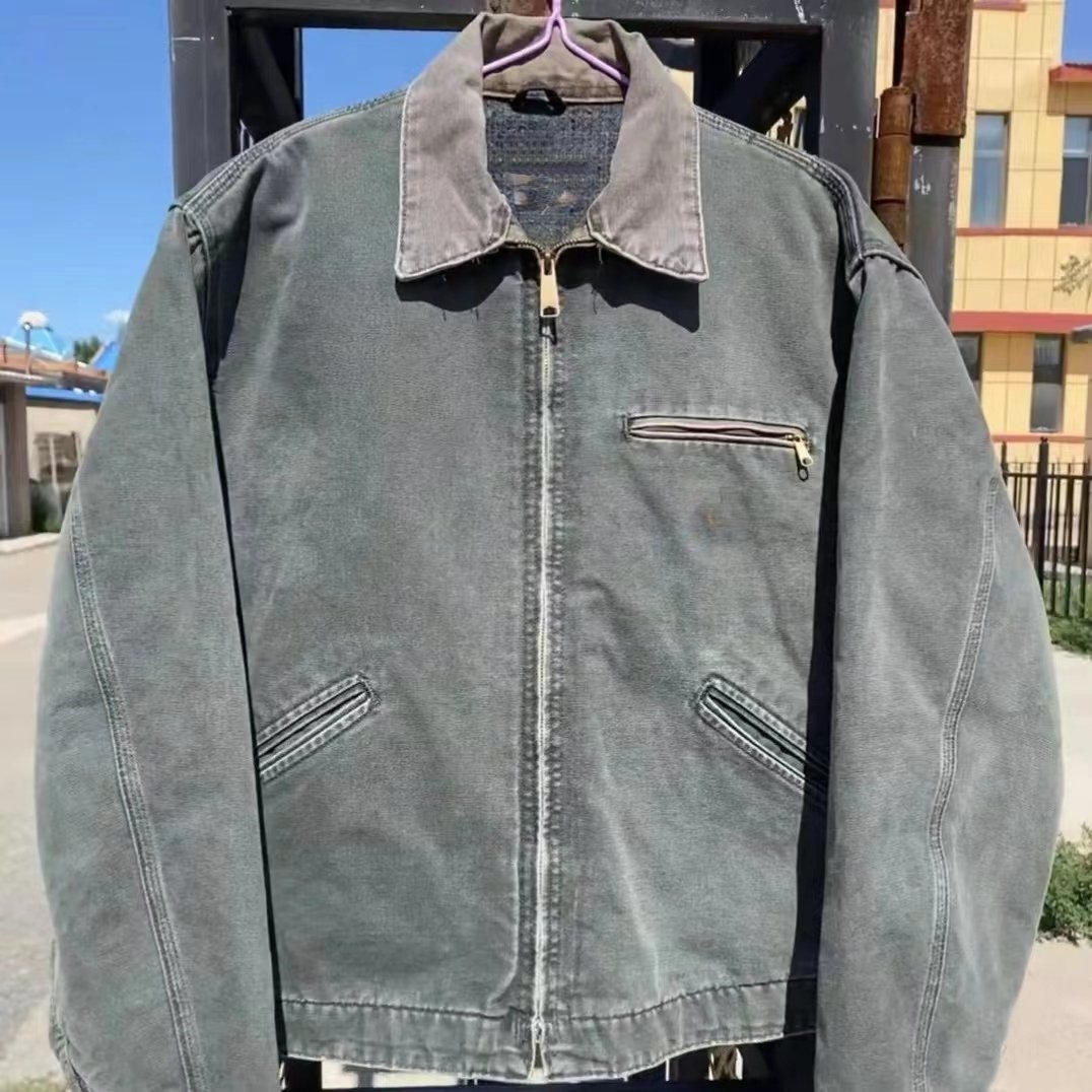 Winter Vintage Sun Faded Washed Trucker Carpenter Detroit Denim Work Jean Jacket Coat For Men