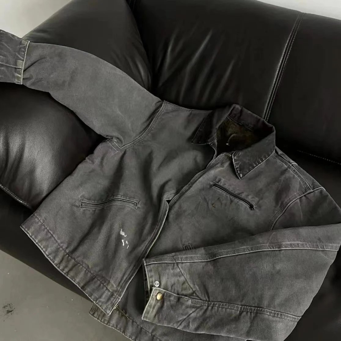 Winter Vintage Sun Faded Washed Trucker Carpenter Detroit Denim Work Jean Jacket Coat For Men