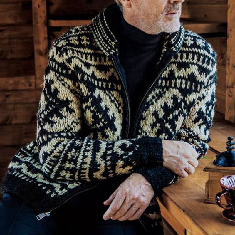 Men's Retro Sweater Jacket, European Size, Long Sleeve Jacquard Zipper Cardigan, Woolen Coat, Wholesale in Stock