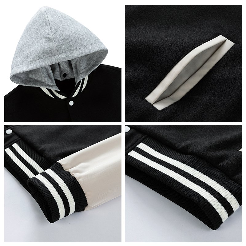 men's winter hooded varsity jacket pure cotton warm fleece letterman jacket coat for men