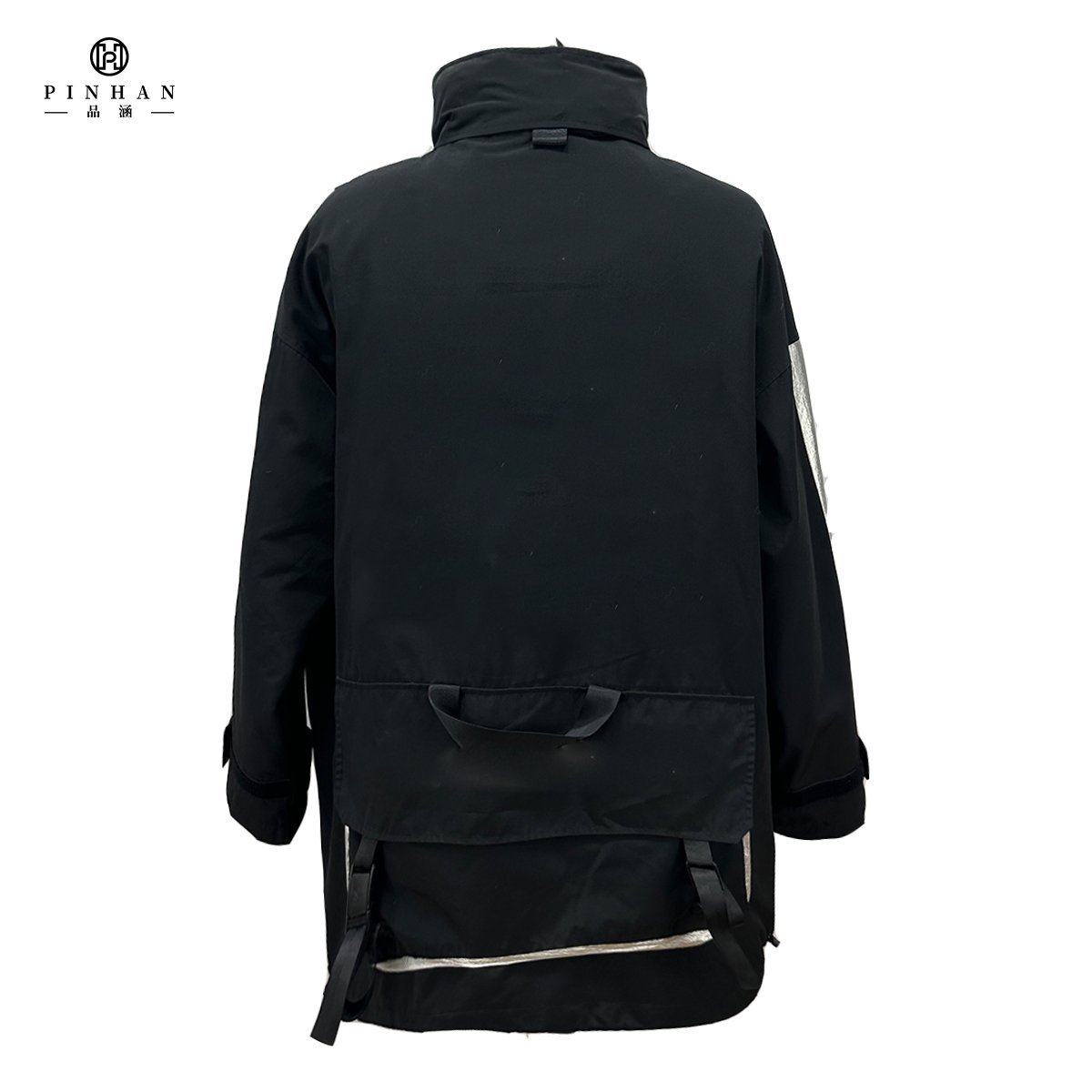 Long men's jacket stand collar with 2 side pockets Chest pocket patchwork fabric in white and silver outdoor