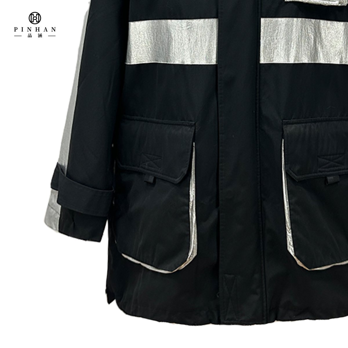 Long men's jacket stand collar with 2 side pockets Chest pocket patchwork fabric in white and silver outdoor