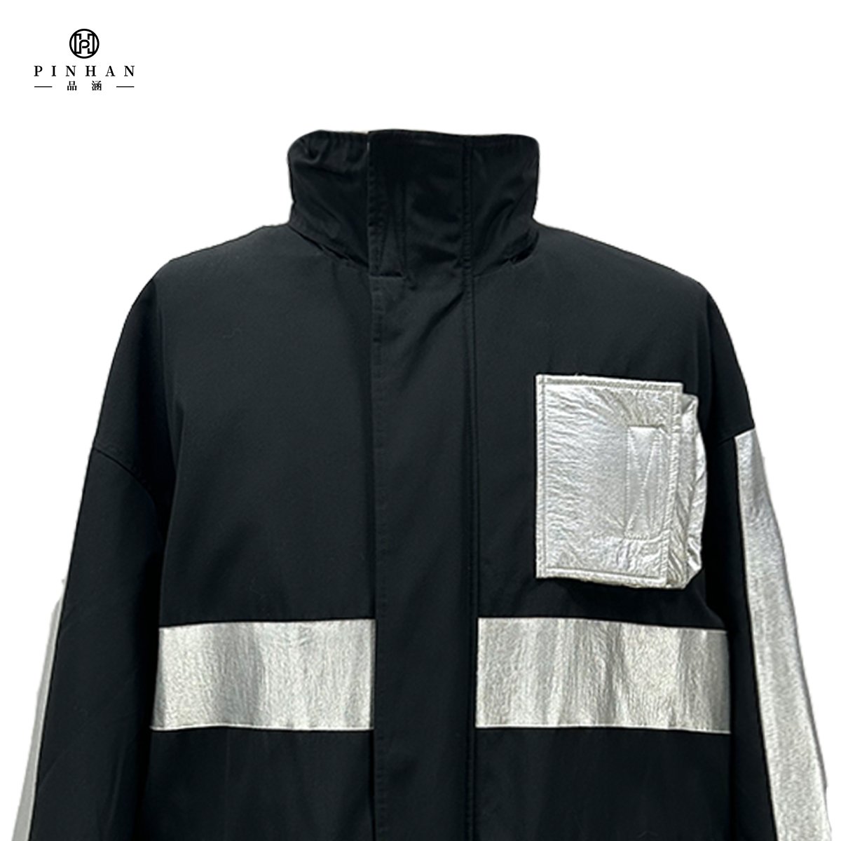 Long men's jacket stand collar with 2 side pockets Chest pocket patchwork fabric in white and silver outdoor