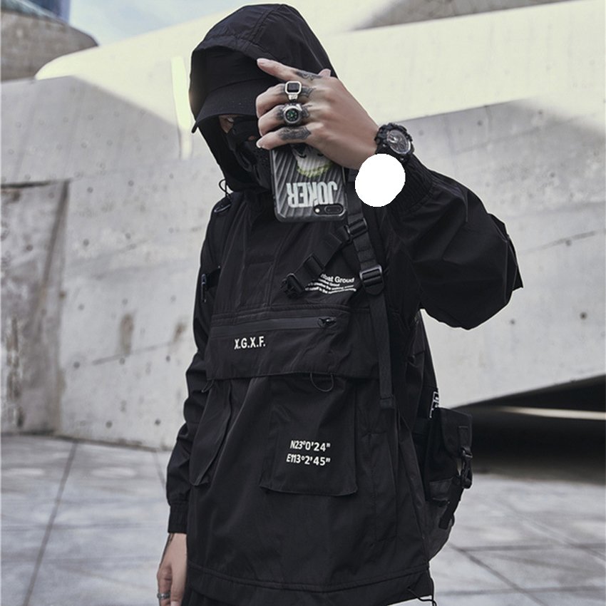 Black stand collar polyester sustainable jacket for men stylish hooded multi-pocket outdoor sport men's jacket