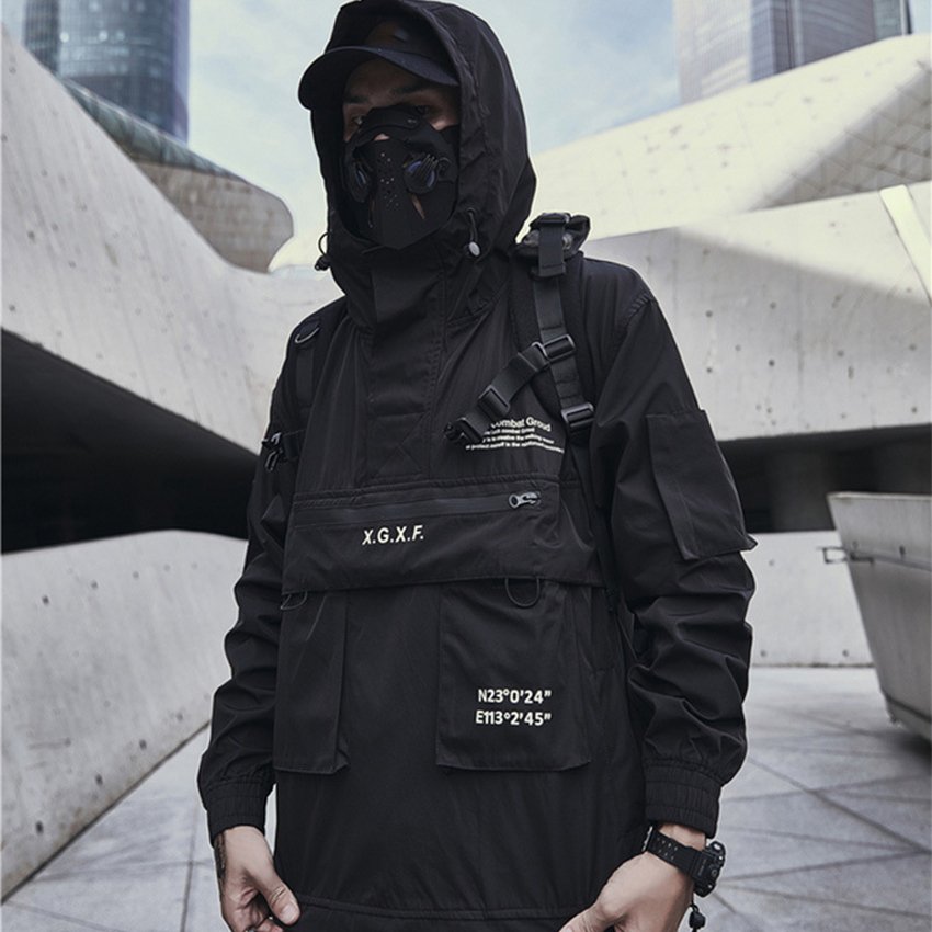Black stand collar polyester sustainable jacket for men stylish hooded multi-pocket outdoor sport men's jacket