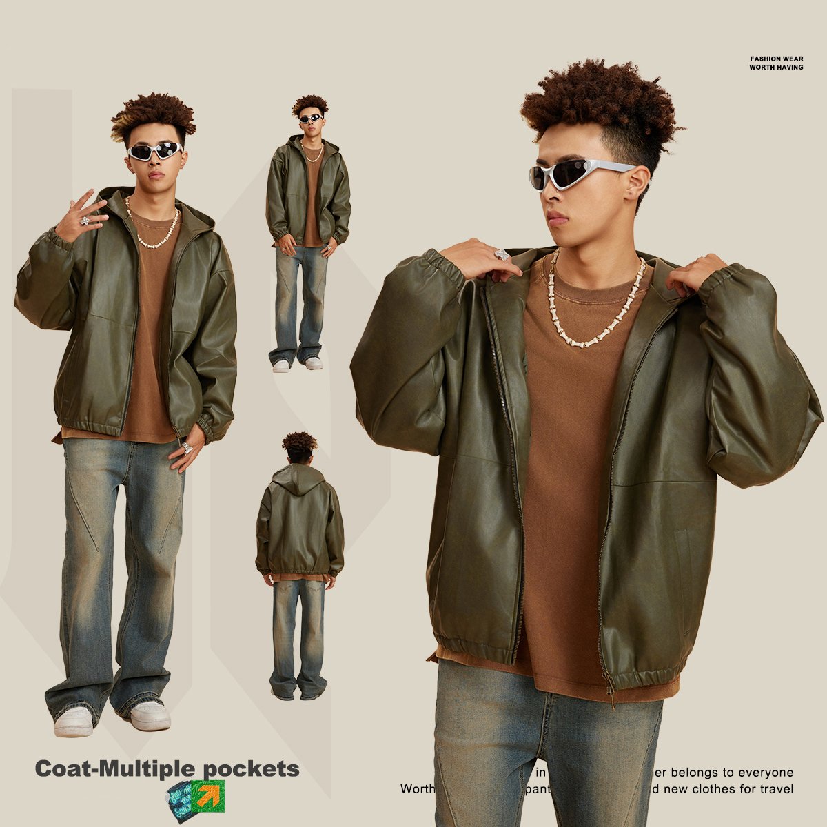 Heavyweight 370G vintage large silhouette leather jacket loose trendy men's jacket Customized loose jacket