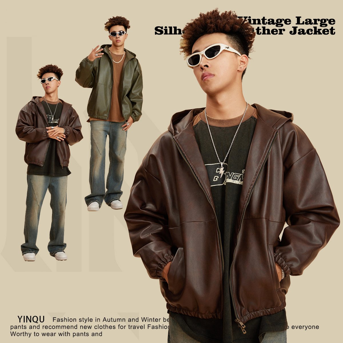 Heavyweight 370G vintage large silhouette leather jacket loose trendy men's jacket Customized loose jacket