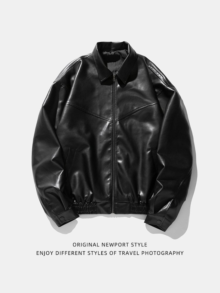 Men's spring autumn 2024 loose lone sleeve turtleneck PU leather retro motorcycle casual jacket