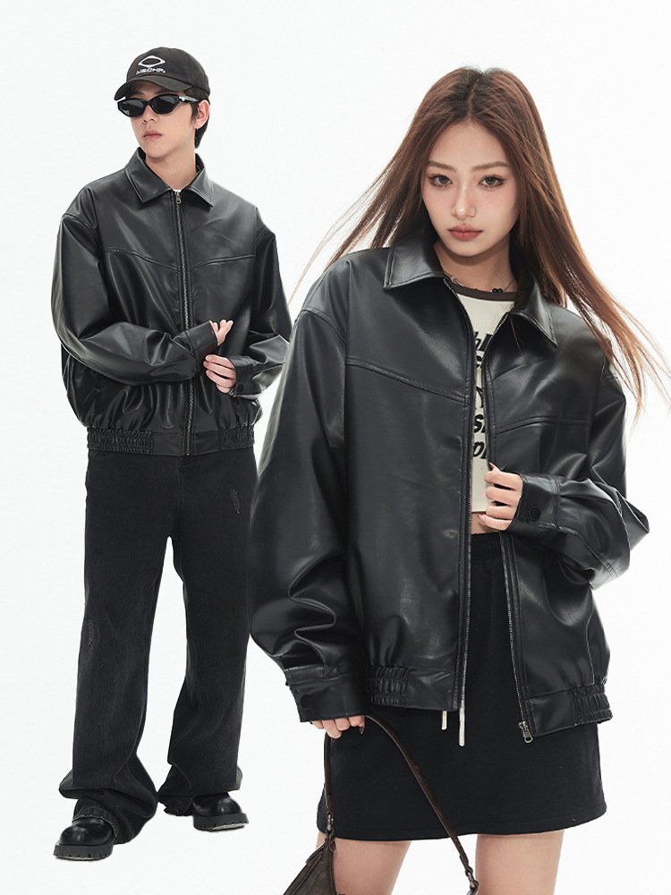 Men's spring autumn 2024 loose lone sleeve turtleneck PU leather retro motorcycle casual jacket
