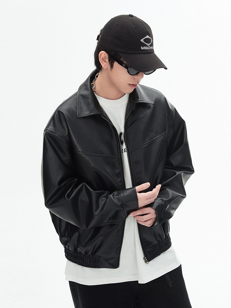 Men's spring autumn 2024 loose lone sleeve turtleneck PU leather retro motorcycle casual jacket