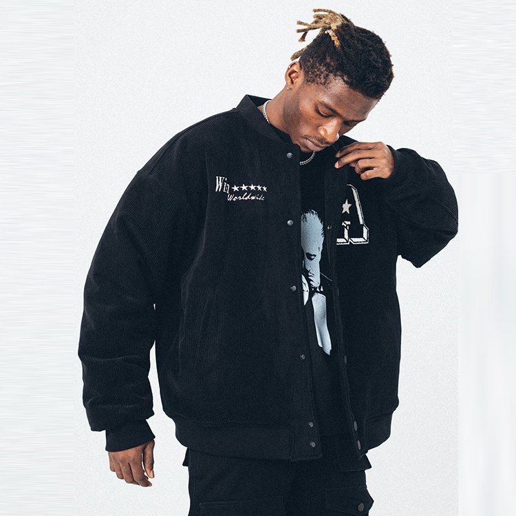 Wholesale Plus Size Men's Jacket Black Corduroy Back Chenille Applique Logo Oversized Blank Varsity Jacket