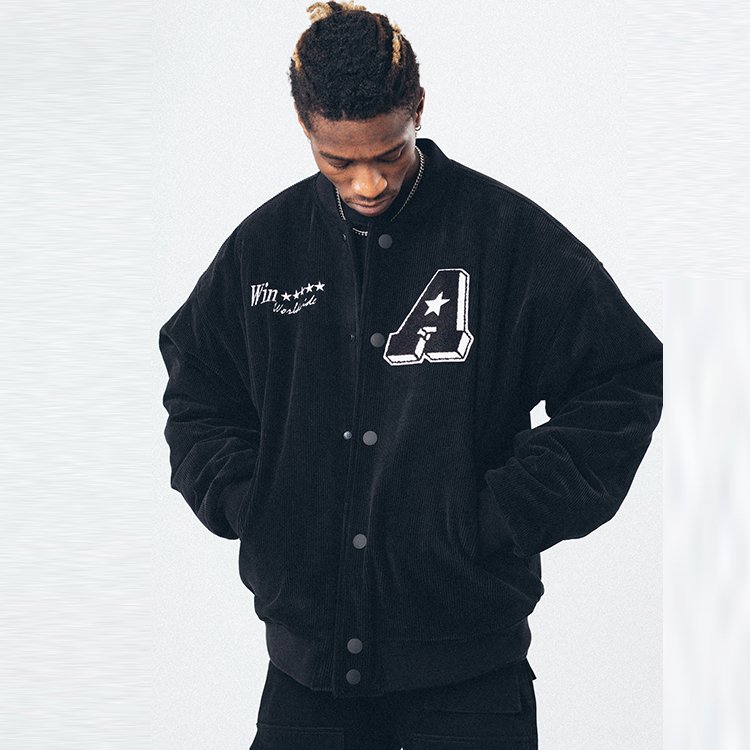 Wholesale Plus Size Men's Jacket Black Corduroy Back Chenille Applique Logo Oversized Blank Varsity Jacket