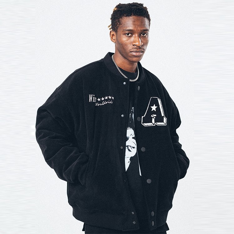 Wholesale Plus Size Men's Jacket Black Corduroy Back Chenille Applique Logo Oversized Blank Varsity Jacket