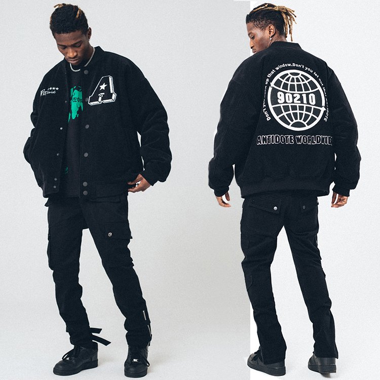 Wholesale Plus Size Men's Jacket Black Corduroy Back Chenille Applique Logo Oversized Blank Varsity Jacket
