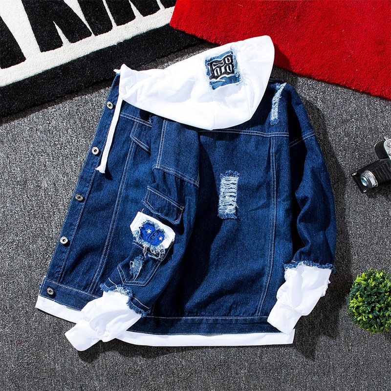 Custom Logo Hooded jacket men's leather Loose Casual jean coat streetwear printed men leader denim men jackets