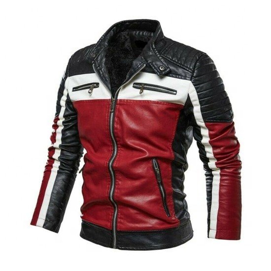 Men's Black White And Red Slim Fit Leather Biker Jacket Fully Customized Jacket High Quality Leather Jacket Style for all season