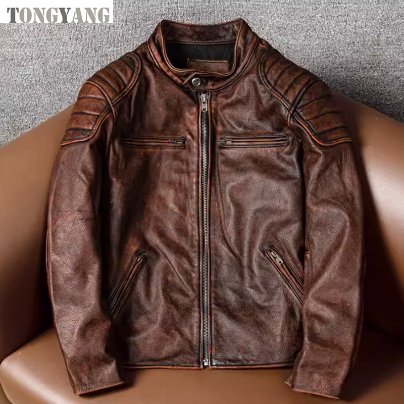 TONGYANG Classical Motorcycle Genuine Leather Jacket Men's Natural Cowhide Slim Moto Cloth Calf Skin Jackets Asia Size S-6XL