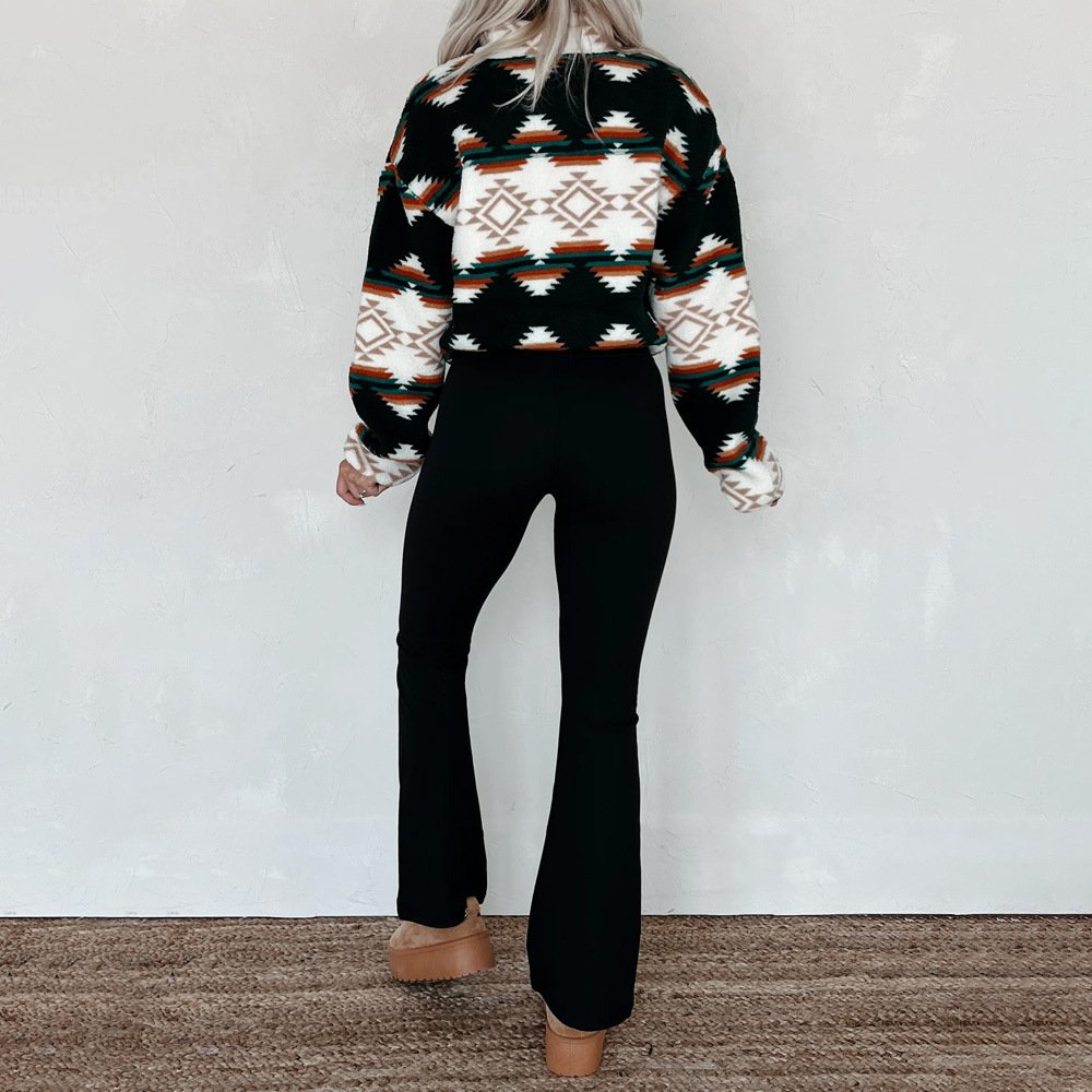 Wholesale Fashion Fall Winter Aztec Print Round Neck Zipper Long Sleeve Short With Pockets Women's Warm Vintage Jacket Coat 2024