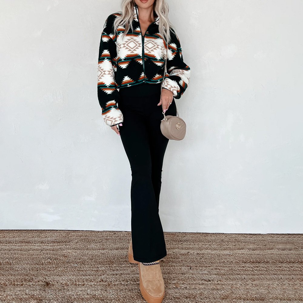 Wholesale Fashion Fall Winter Aztec Print Round Neck Zipper Long Sleeve Short With Pockets Women's Warm Vintage Jacket Coat 2024