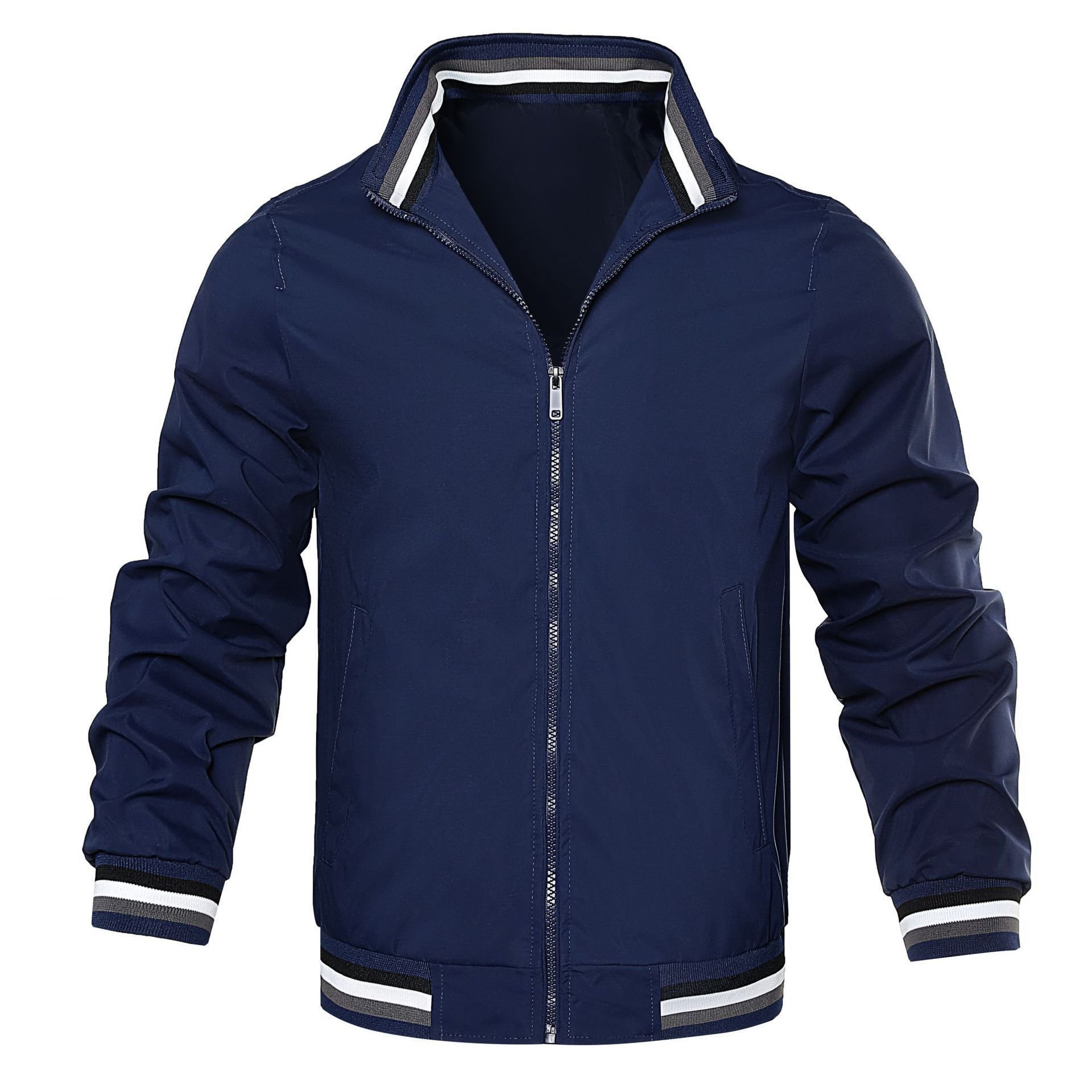Orange M-4XL Men High Quality Windbreaker Outdoor Plus Size Stand Collar Slim Ribbed Neckline Color Contrast Jacket