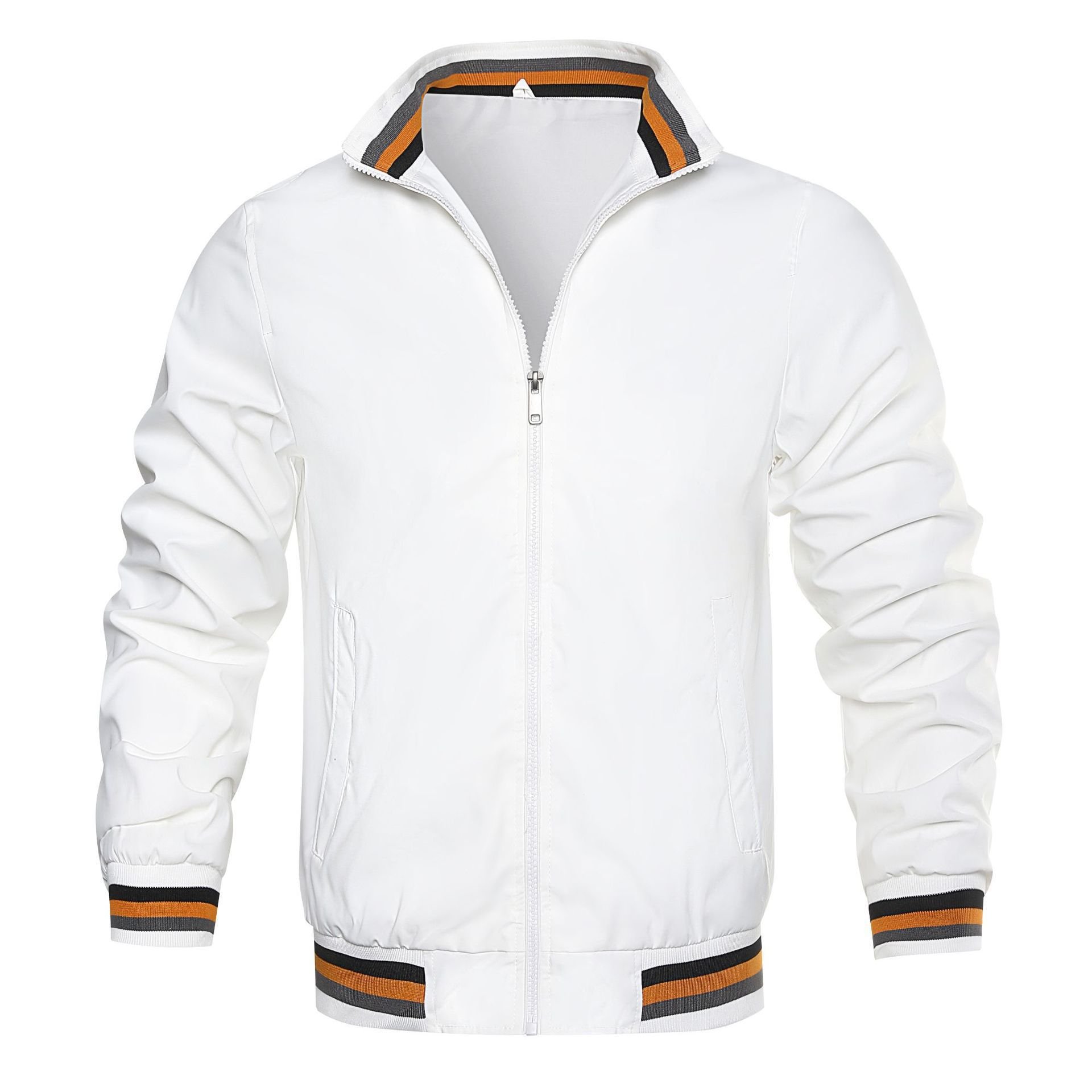 Orange M-4XL Men High Quality Windbreaker Outdoor Plus Size Stand Collar Slim Ribbed Neckline Color Contrast Jacket