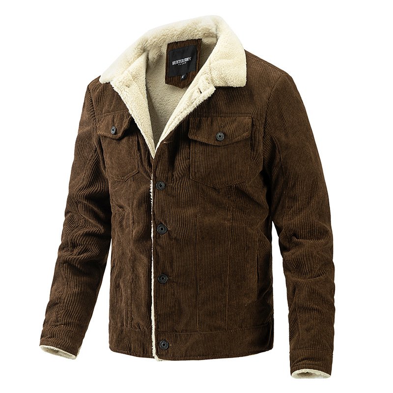 New corduroy men's jacket, fashionable and casual with velvet jacket, cardigan, button pocket, stand up collar, men's clothing