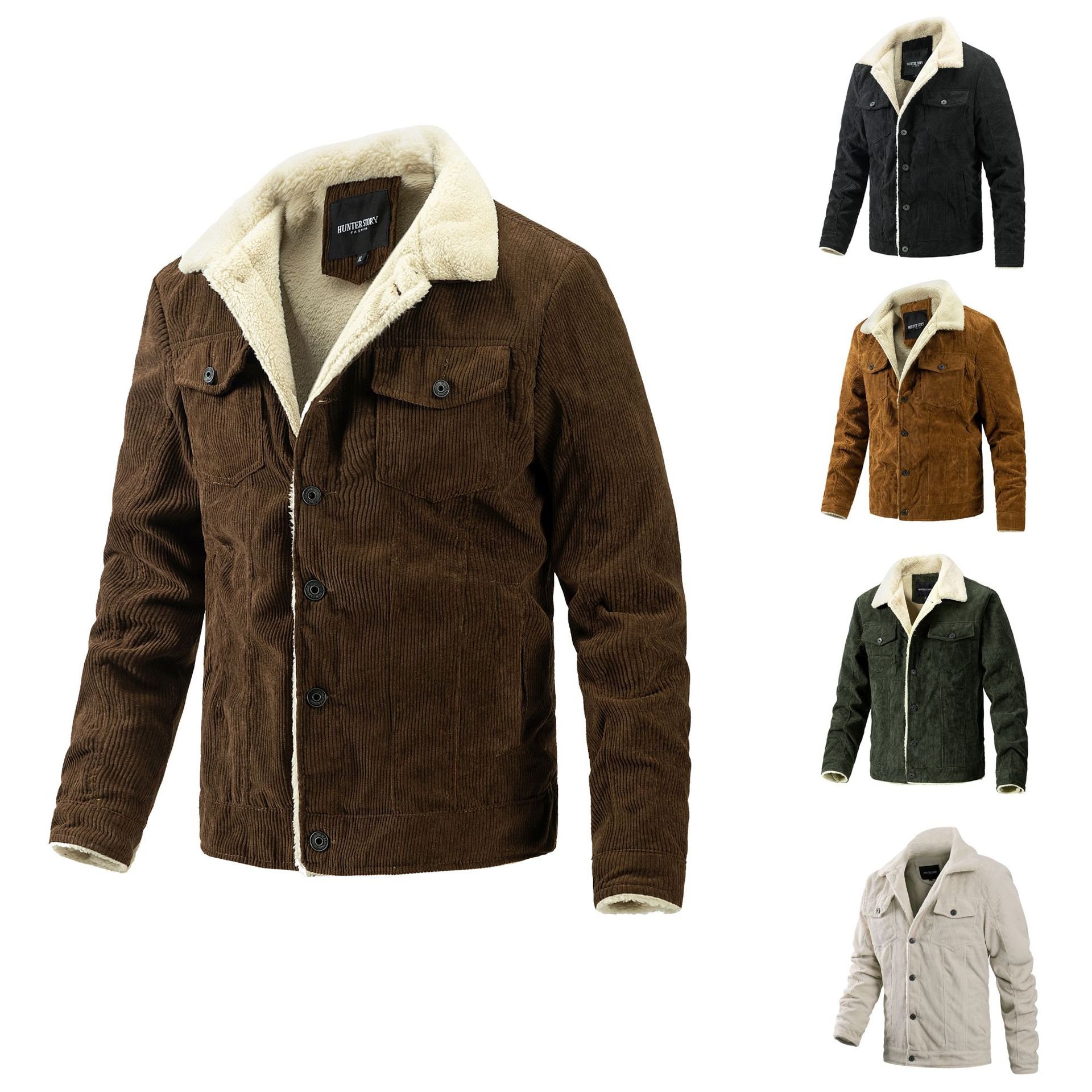 New corduroy men's jacket, fashionable and casual with velvet jacket, cardigan, button pocket, stand up collar, men's clothing