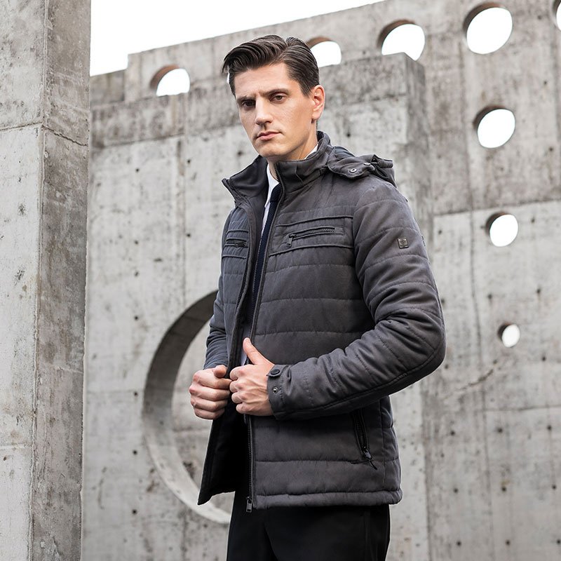 Men's jacket dark grey detachable hood zipper slim fit jacket male cotton paddied warm jacket winter