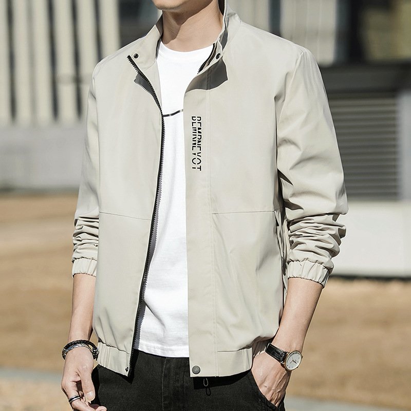 Men's jacket with letter decoration zipper placket, solid color jacket without hat and simple and fashionable jacket