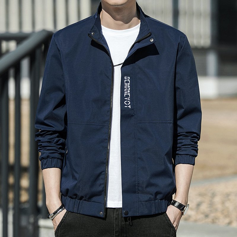 Men's jacket with letter decoration zipper placket, solid color jacket without hat and simple and fashionable jacket