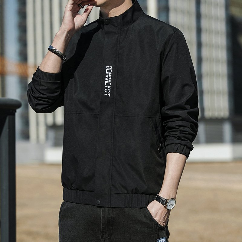 Men's jacket with letter decoration zipper placket, solid color jacket without hat and simple and fashionable jacket