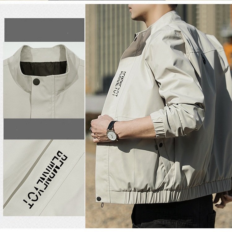 Men's jacket with letter decoration zipper placket, solid color jacket without hat and simple and fashionable jacket