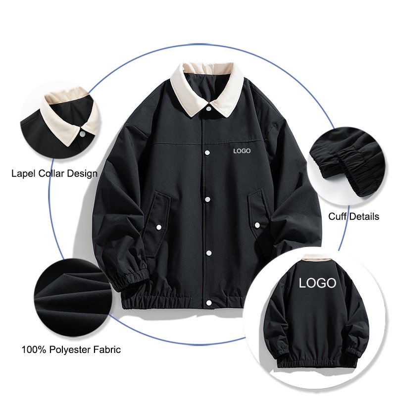 Men's Casual Custom Logo Windbreaker Jacket with Contrast Color Collar Elastic Cuff and Hem Turn Down Collar Jacket