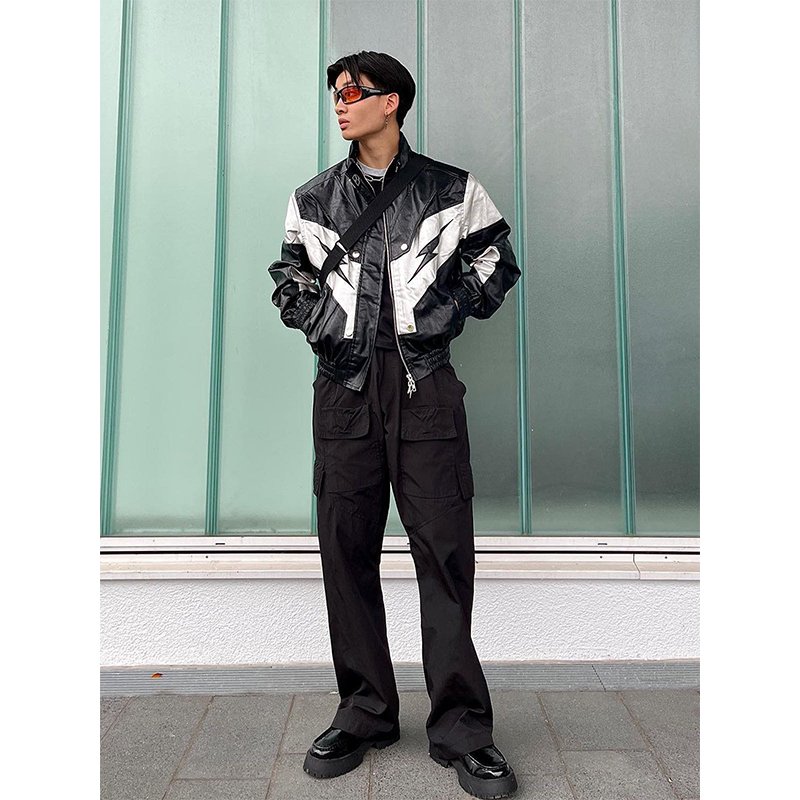 Custom Boxy Fit Windbreaker Men's Winter Coat Racing Motorcycle Jacket Contrast Panel Lightning Cropped Leather Jackets For Mens