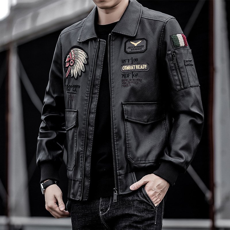 Autumn and Winter Embroidered Motorcycle Clothing Men's Baseball Jacket Leather PU Jacket Coat