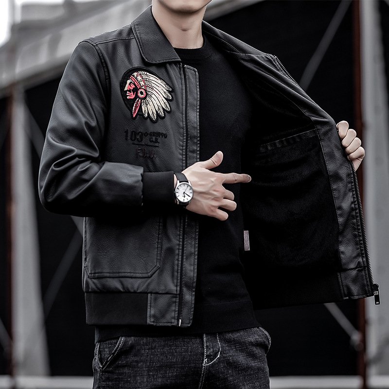 Autumn and Winter Embroidered Motorcycle Clothing Men's Baseball Jacket Leather PU Jacket Coat